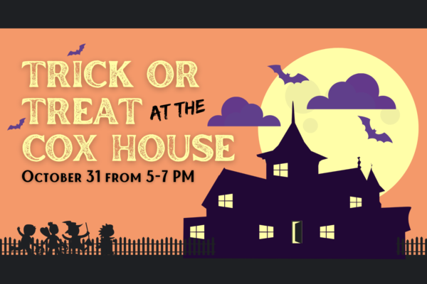 Halloween-themed invitation featuring silhouettes of children trick-or-treating in front of a haunted house. The text reads: "Trick or Treat at the Cox House, October 31 from 5-7 PM." A full moon and bats complete the scene.