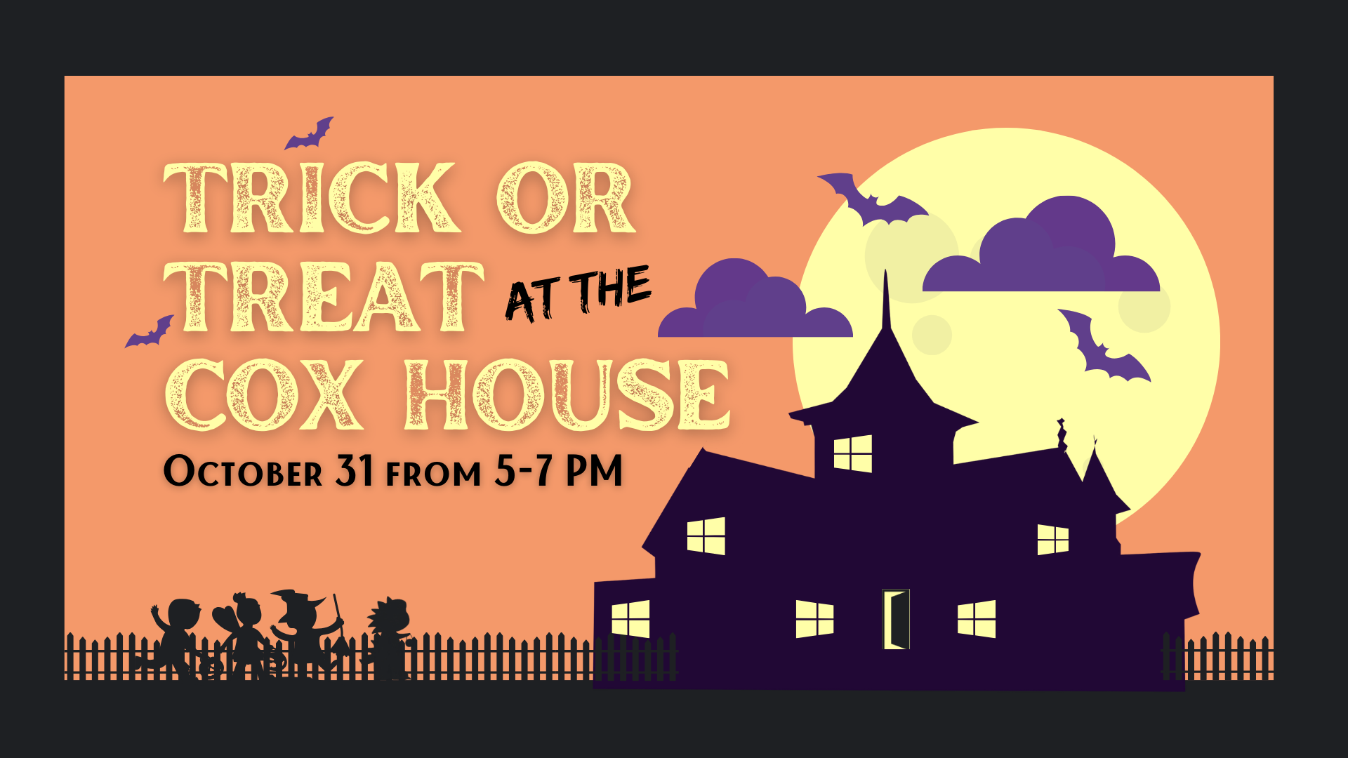 Halloween-themed invitation featuring silhouettes of children trick-or-treating in front of a haunted house. The text reads: "Trick or Treat at the Cox House, October 31 from 5-7 PM." A full moon and bats complete the scene.