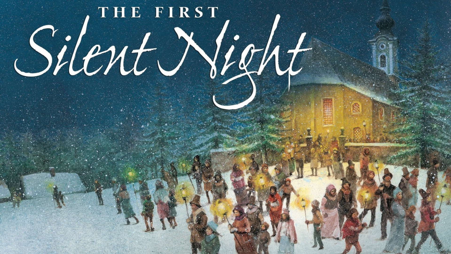 Illustrated scene of a snowy evening with a crowd of people holding glowing candles and walking towards a warmly lit church. The words "The First Silent Night" are written in script at the top of the image. Snow-covered trees and buildings are in the background.