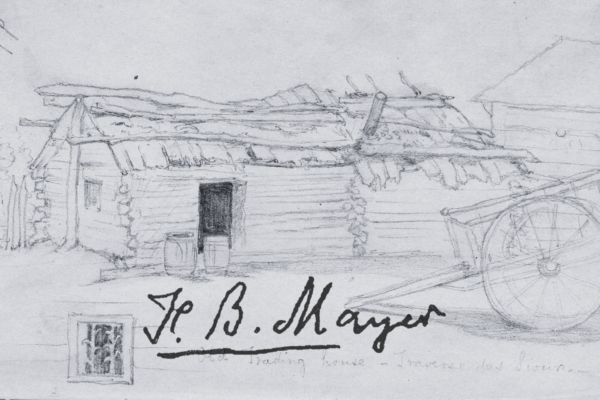 A pencil sketch depicts an old log house with a thatched roof and some missing planks. A wooden cart leans against the house. The image includes a signature reading "J.B. Mayer" and text that says "Trading house - interior lod burner.