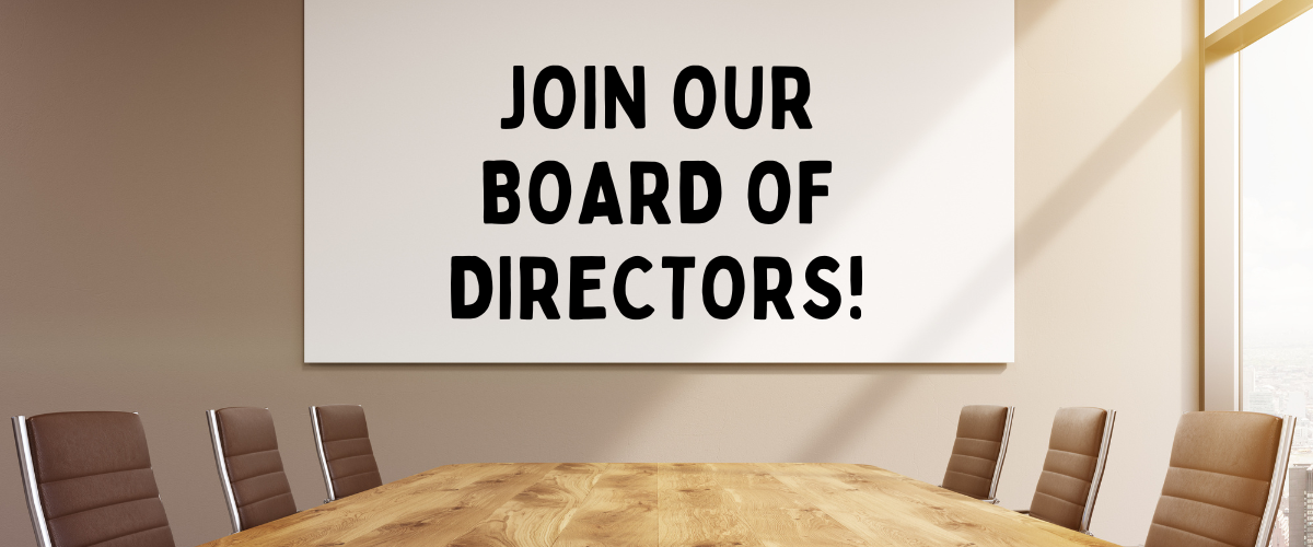 A modern conference room with a large wooden table and several chairs around it. On the wall hangs a sign reading "Join Our Board of Directors!" in bold black letters. Sunlight streams in through a window, illuminating the room.